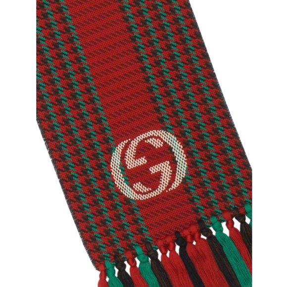 Gucci Interlocking GG Logo Red & Green Houndstooth Wool Tassel Scarf - Picture 3 of 12